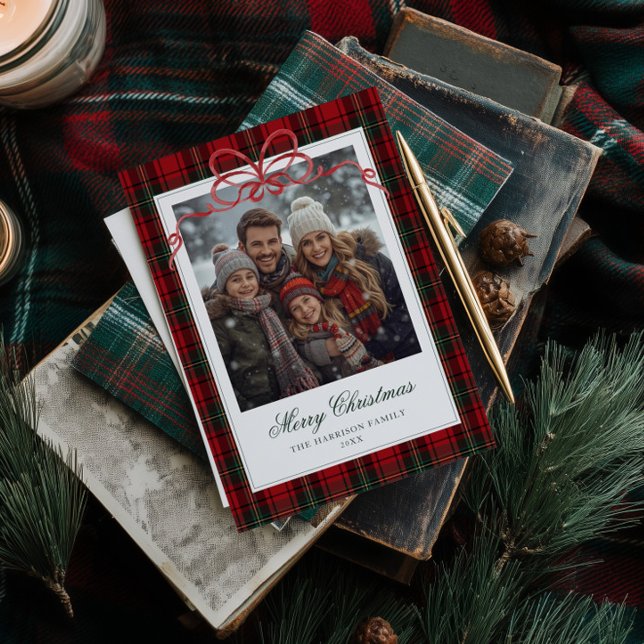 Red Plaid Red Bow Photo Holiday Card (Creator Uploaded)