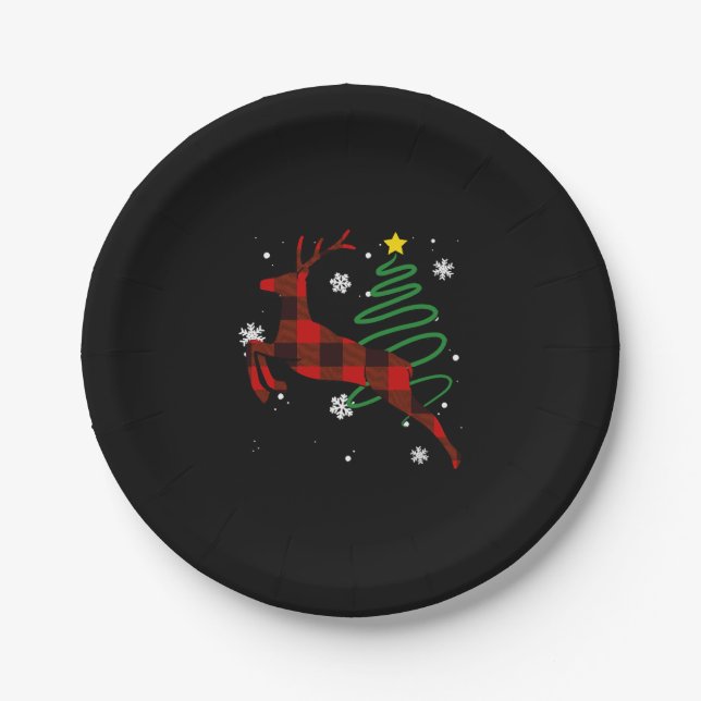 Red Plaid Reindeer Buffalo Deer Christmas Pajama Paper Plate (Front)