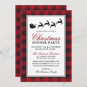 Red Plaid Reindeer Christmas Dinner Party Invitation