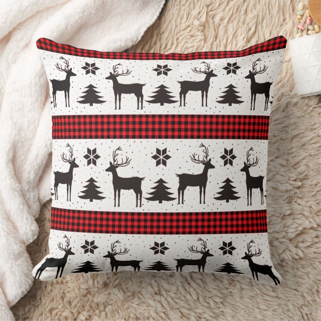 Red Plaid Reindeer & Christmas Tree Cushion (Blanket)