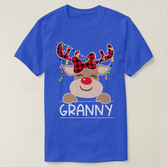 Red Plaid Reindeer Granny Christmas Light Christma T-Shirt (Design Front)