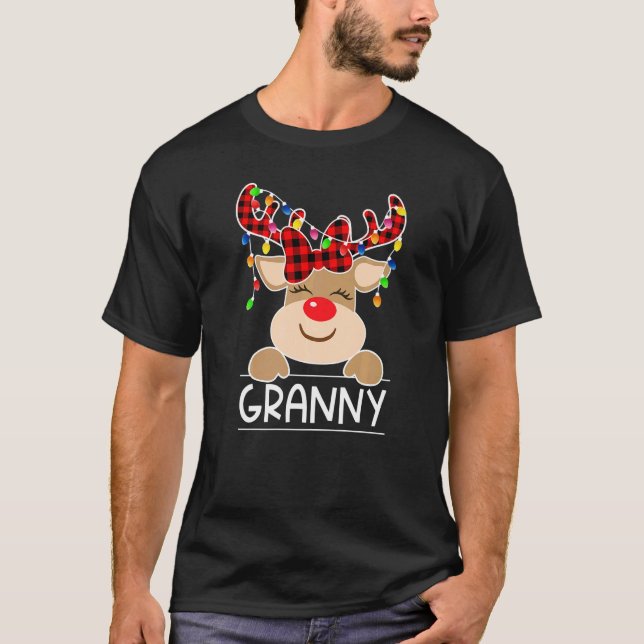 Red Plaid Reindeer Granny Christmas Light Christma T-Shirt (Front)