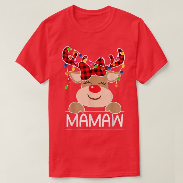 Red Plaid Reindeer Mamaw Christmas Light Christmas T-Shirt (Design Front)