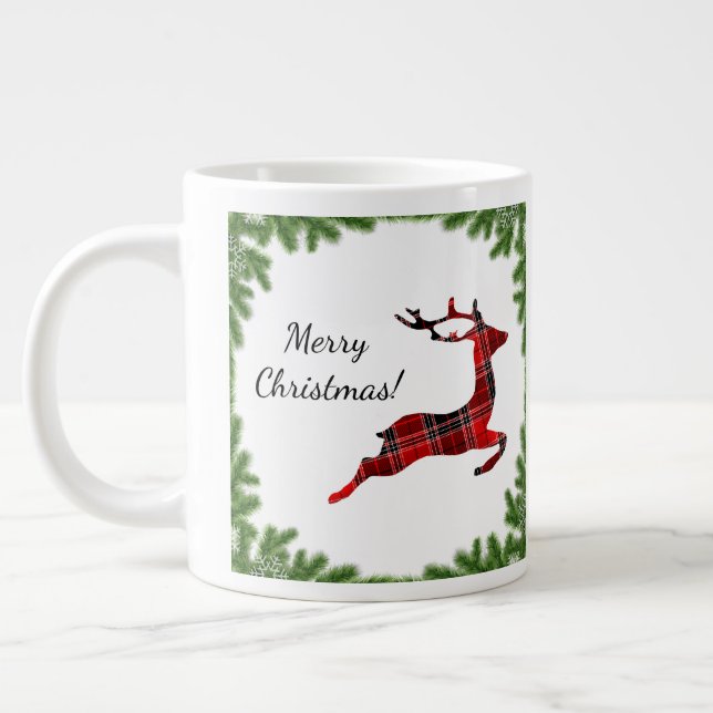 Red Plaid Reindeer Merry Christmas Holiday Large Coffee Mug (Left)