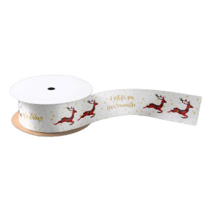 Red Plaid Reindeer White Satin Christmas Wrap Ribbon
