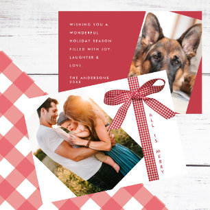 Red Plaid Ribbon Simple 2 Photo Christmas Holiday Card