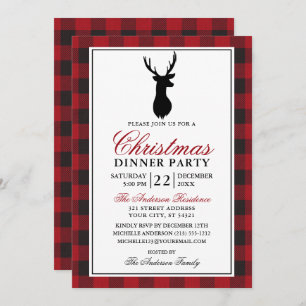Red Plaid Rustic Christmas Dinner Party Invitation