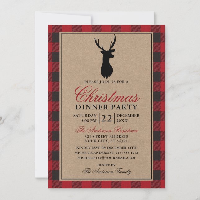 Red Plaid Rustic Christmas Dinner Party Kraft Invitation (Front)