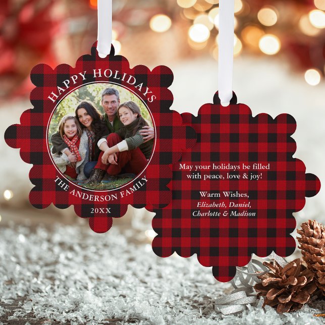 Red Plaid Rustic Happy Holidays Photo Tree Decoration Card (A greeting card that is also an ornament! Customize with your photo and personalized text.)