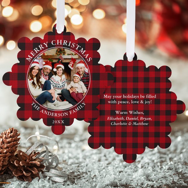 Red Plaid Rustic Merry Christmas Photo Tree Decoration Card (A greeting card that is also an ornament! Customize with your photo and personalized text.)