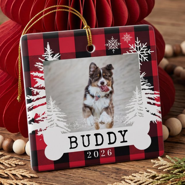 Red Plaid Rustic Pine Trees Dog Bone Pet Photo Ceramic Ornament (Red Plaid Rustic Pine Trees Dog Bone Pet Photo Ceramic Ornament)