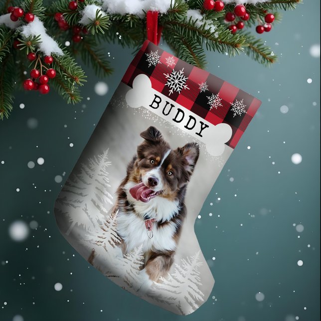 Red Plaid Rustic Pine Trees Dog Bone Pet Photo Small Christmas Stocking (Red Plaid Rustic Pine Trees Dog Bone Pet Photo Small Christmas Stocking)