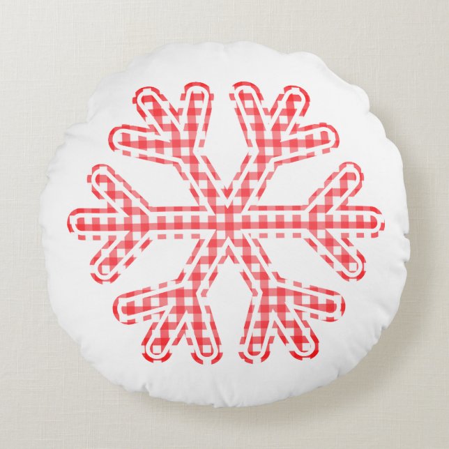 Red Plaid Rustic Snowflake Christmas Holiday Round Cushion (Front)
