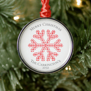 Red Plaid Rustic Snowflake Merry Christmas Name Metal Ornament