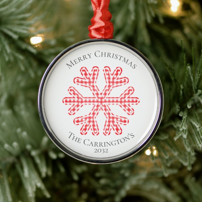 Red Plaid Rustic Snowflake Merry Christmas Name Metal Ornament (Tree)