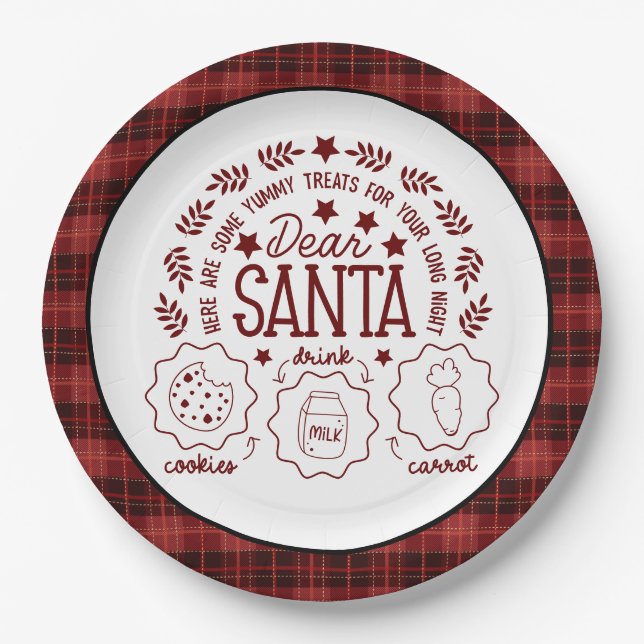 Red Plaid Santa Milk and Cookies Paper Plate (Front)