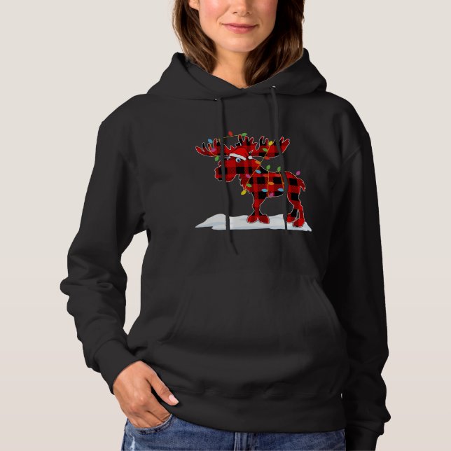 Red Plaid Santa Moose Xmas Lights Animal Lover Fam Hoodie (Front)