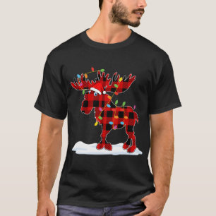 Red Plaid Santa Moose Xmas Lights Animal Lover Fam T-Shirt
