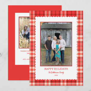 Red Plaid Scallop Frame Photo Christmas Holiday Card