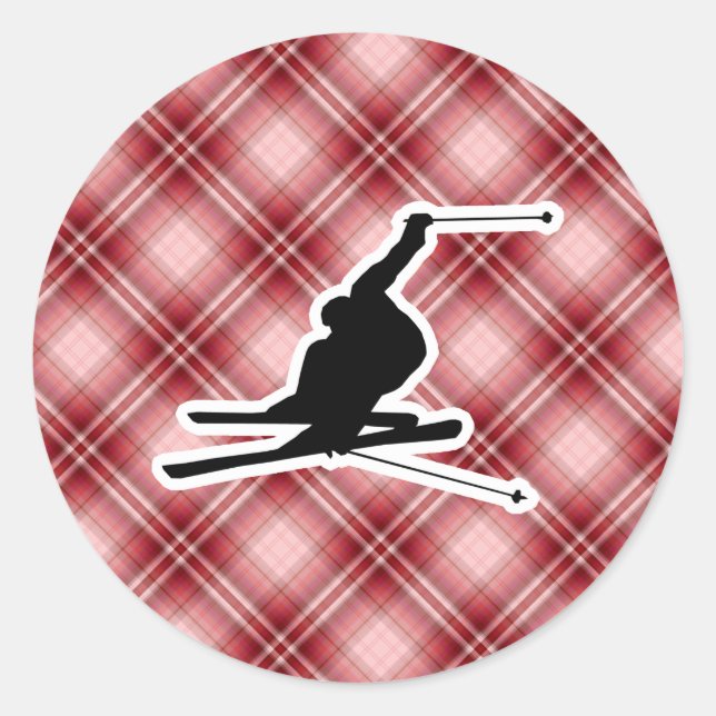 Red Plaid Snow Skiing Classic Round Sticker (Front)