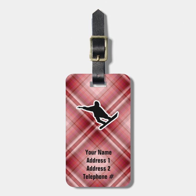 Red Plaid Snowboarding Luggage Tag (Front Vertical)