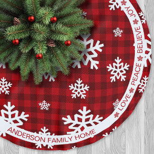 Red Plaid Snowflake Festive Words Christmas Brushed Polyester Tree Skirt