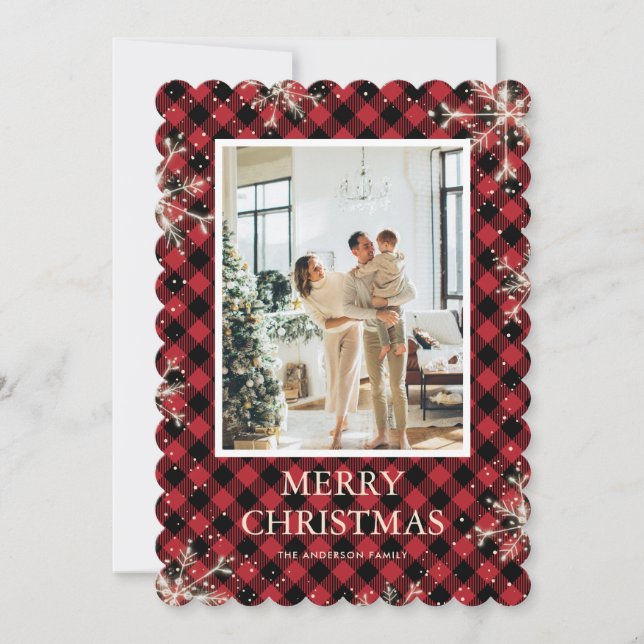 Red Plaid Snowflake Photo Merry Christmas Holiday Card (Front)