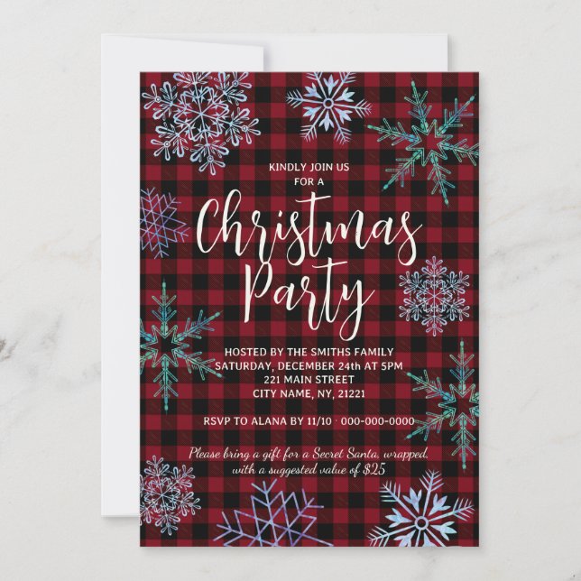 Red Plaid Snowflakes Christmas Party Invitation (Front)