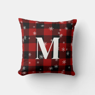 Red Plaid & Snowflakes Monogram Initial Winter Cushion