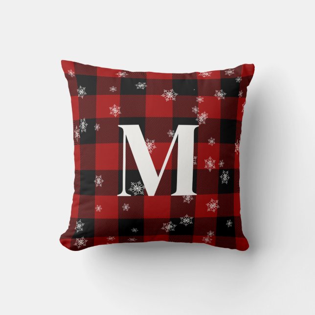 Red Plaid & Snowflakes Monogram Initial Winter Cushion (Front)