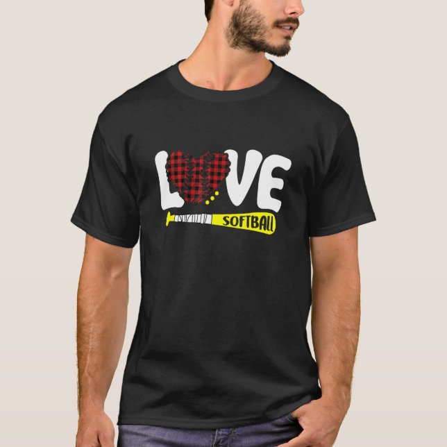 Red Plaid Softball Graphic Love Saying Text Softba T-Shirt (Front)