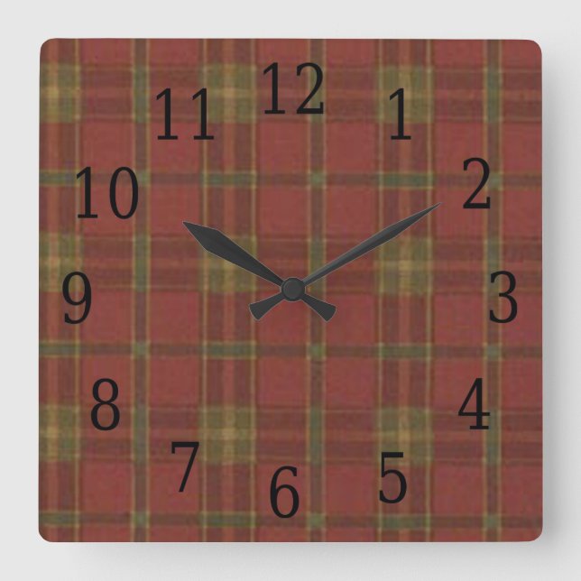 Red Plaid Square Clock (Front)
