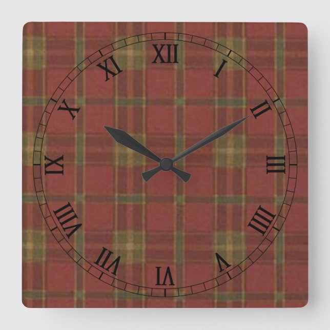 Red Plaid Square Roman Numerals Clock (Front)