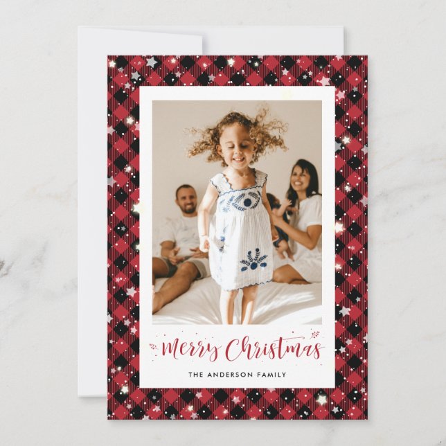 Red Plaid Stars Snow Photo Merry Christmas Card (Front)