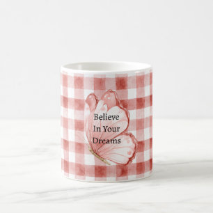 Red Plaid Stripes Pink Butterfly Believe  Coffee Mug