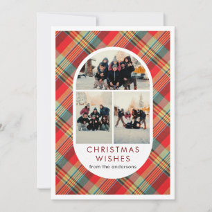 Red Plaid Tartan Arch 3 Photo Collage Christmas Holiday Card