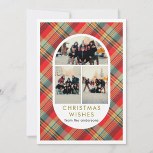 Red Plaid Tartan Arch 3 Photo Collage Christmas Holiday Card