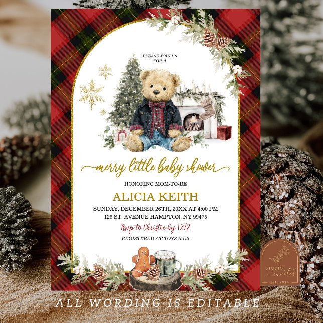 Red Plaid Tartan Christmas Luxury Boy Bear  Invitation (Creator Uploaded)