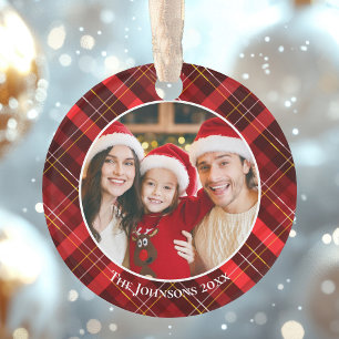 Red Plaid Tartan Family Photo 2 Sided Christmas Ornament