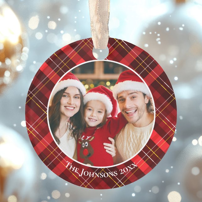 Red Plaid Tartan Family Photo 2 Sided Christmas Ornament (Creator Uploaded)