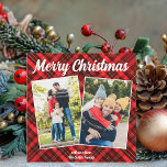 Red Plaid Tartan Merry Christmas 2 Family Photo Holiday Card<br><div class="desc">A classic red plaid tartan pattern behind your 2 holiday vertical family photo collage for a festive,  traditional Merry Christmas card. Simple and beautiful Christmas cards that include two photographs.</div>