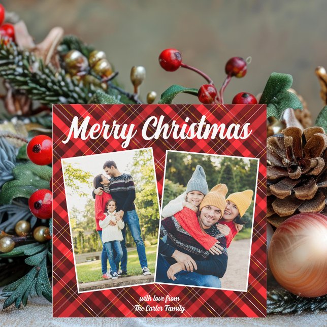Red Plaid Tartan Merry Christmas 2 Family Photo Holiday Card (Creator Uploaded)