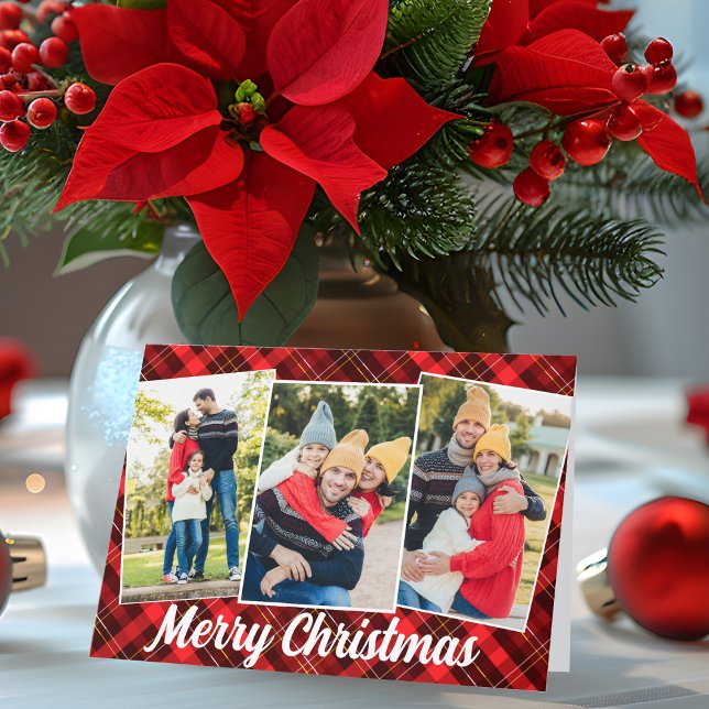 Red Plaid Tartan Merry Christmas 3 Photo Folded Holiday Card (Creator Uploaded)