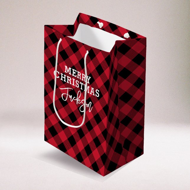 Red Plaid Tartan Name Christmas Medium Gift Bag (Creator Uploaded)