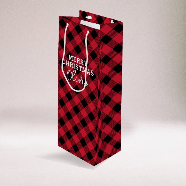 Red Plaid Tartan Name Christmas Wine Gift Bag (Creator Uploaded)