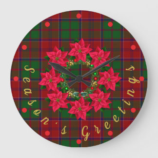 Red Plaid Tartan Poinsettia Christmas  Large Clock