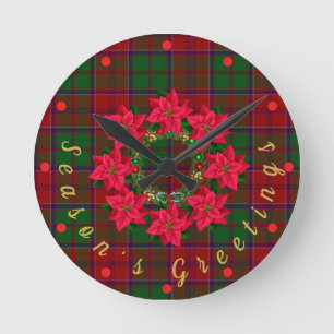 Red Plaid Tartan Poinsettia Christmas Round Clock