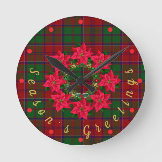 Red Plaid Tartan Poinsettia Christmas  Round Clock