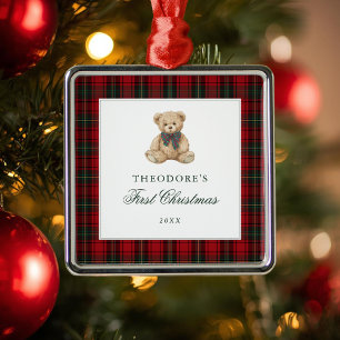 Red Plaid Teddy Bear Baby First Christmas Metal Ornament