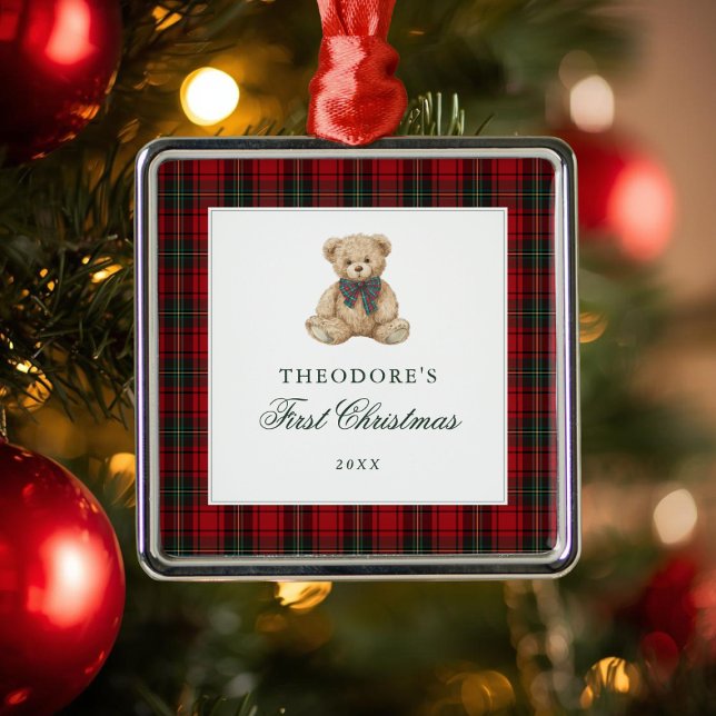 Red Plaid Teddy Bear Baby First Christmas Metal Ornament (Creator Uploaded)